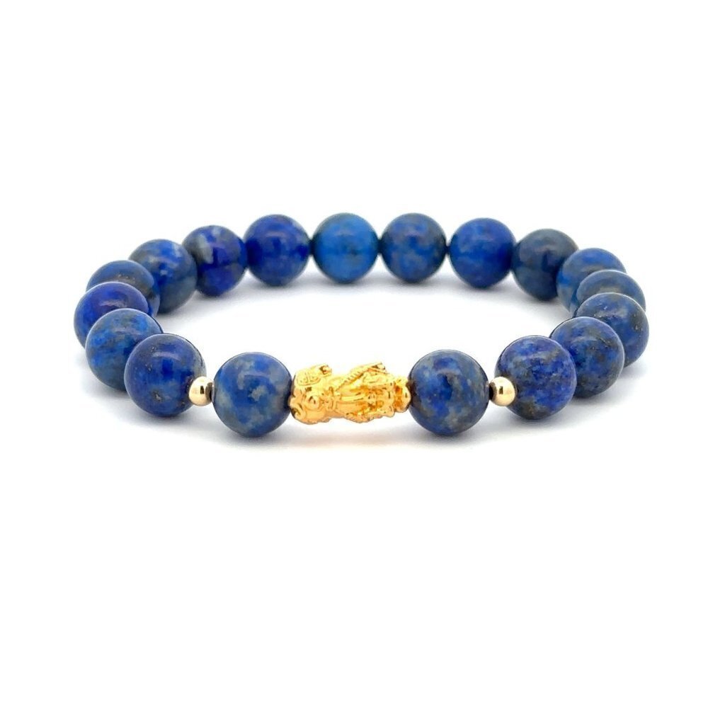 18K Gold Dragon Pixiu Piyao Lucky Charm Beads Bracelet Gemstones Lapis Lazuli 8m